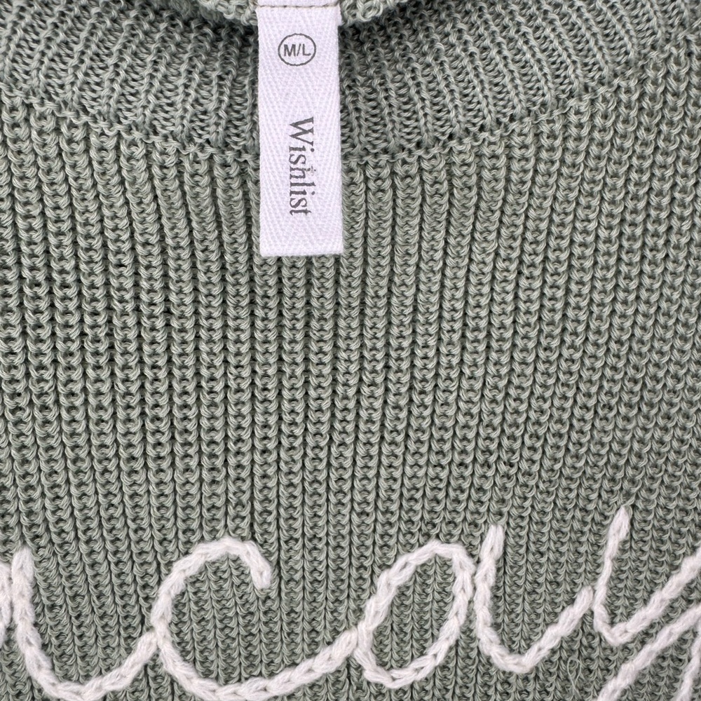 Sage Green Vacay Graphic Knit Sweater M/L Relaxed Fit Lightweight Crewneck - Picture 2 of 5